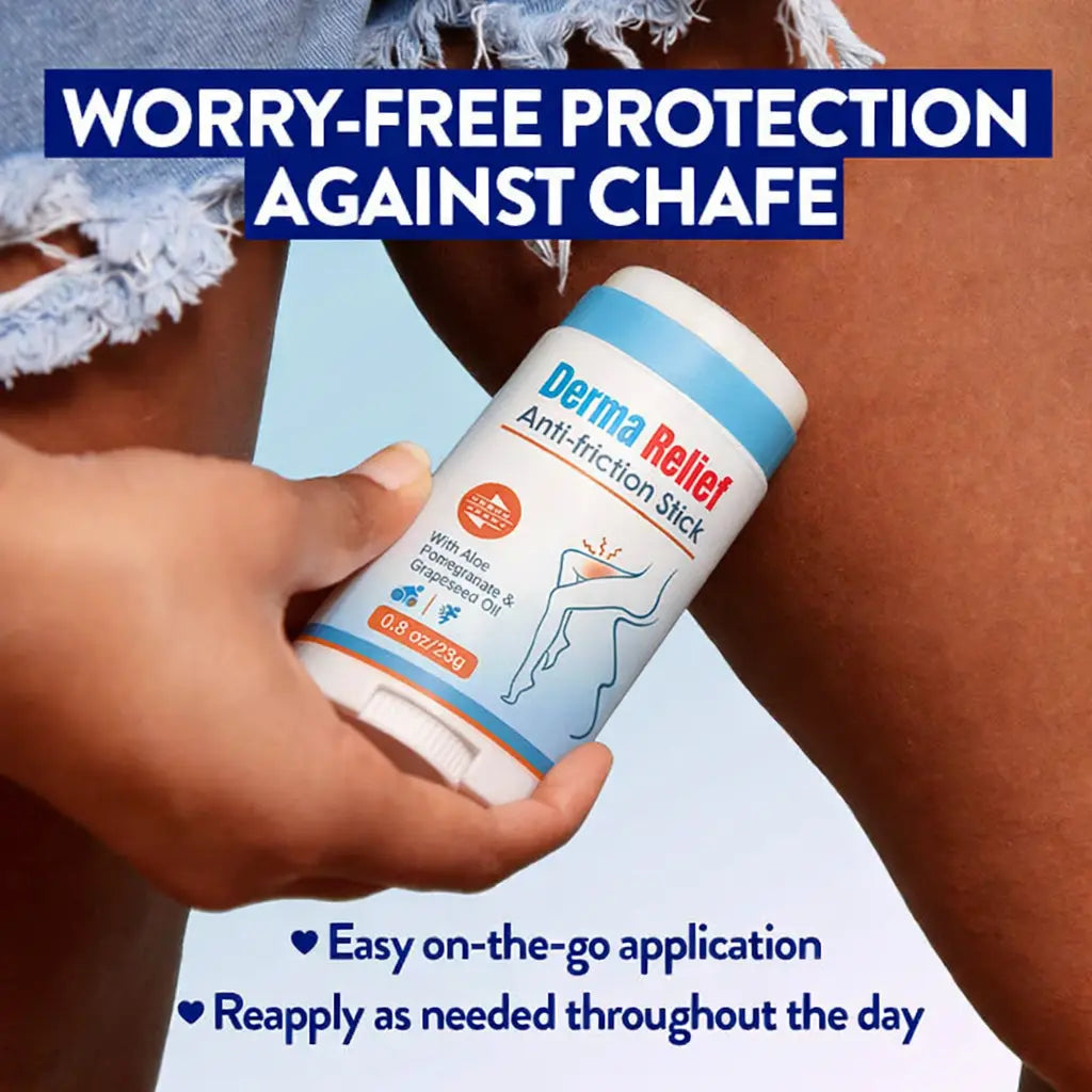Derma Relief anti-friction stick being held against skin with promotional text about chafe protection.