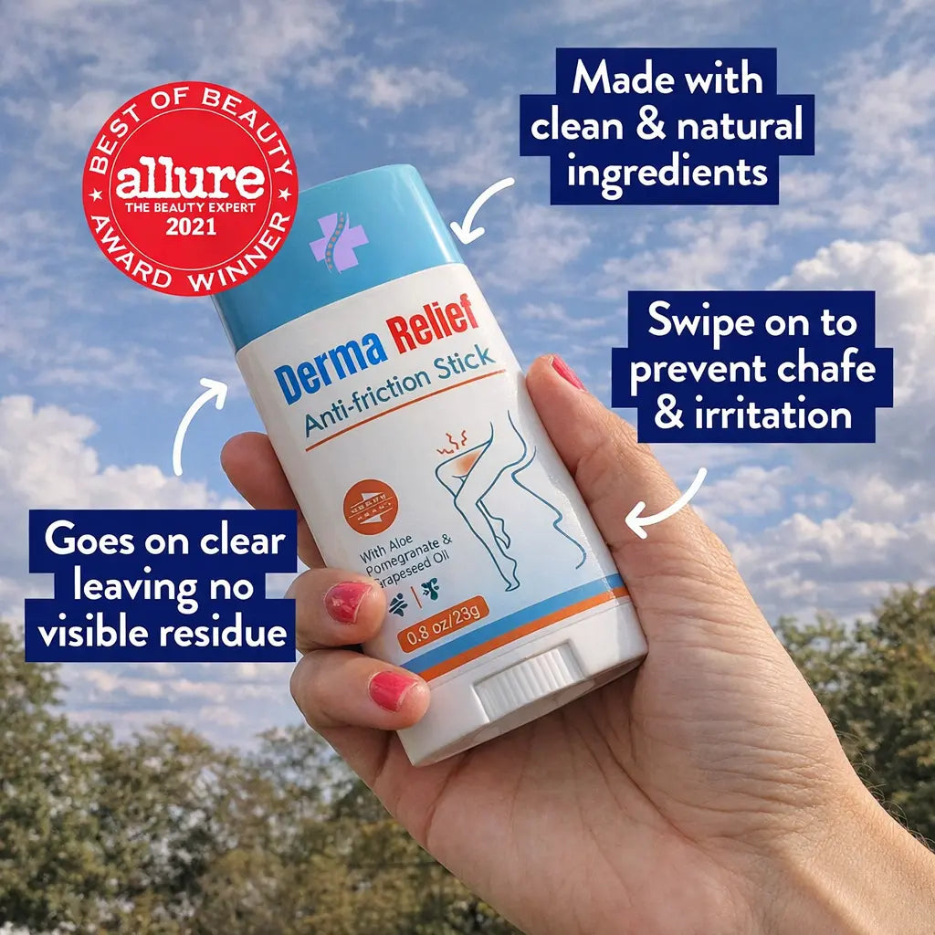 Derma Relief Anti-friction Stick held in a hand with outdoor background